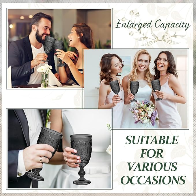 18 Pack Plastic Goblets 10oz Upgrade Vintage Water Goblet Plastic Wine Glasses Colored Retro Embossed Glassware for Party Wine Bar Juice Baby Shower Wedding Reception Grand (Black)