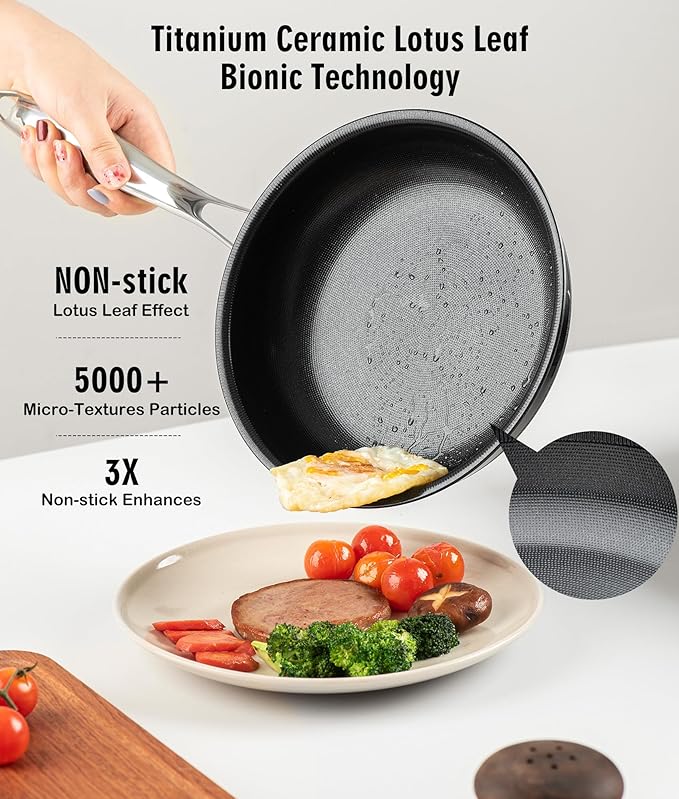 Nonstick Frying Pan Set with 3 Lids, 6 Piece Non-Toxic Titanium Ceramic Skillet, 8, 10 & 12 Inch Stainless Steel Pans, PFAS/PFOA/PTFE Free, Dishwasher & Oven Safe, All Cooktops Compatible