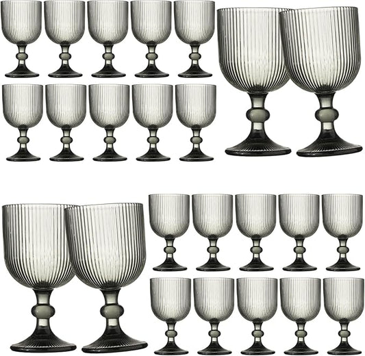 24 Pcs Vintage Wine Glasses, 11 Ounces Colored Glass Water Goblets, Unique Embossed Pattern High Clear Stemmed Glassware Wedding Party Bar Glass Drinking Cups Fancy Glasses Vertical Line Grey Set