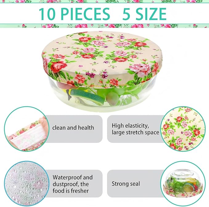 Patelai 10 Pcs Bowl Covers Reusable in 5 Size Stretch Cloth Fabric Elastic Food Storage Bowl Covers Bread Sourdough Lids for Proofing Food Fruits Leftover(Floral Style)