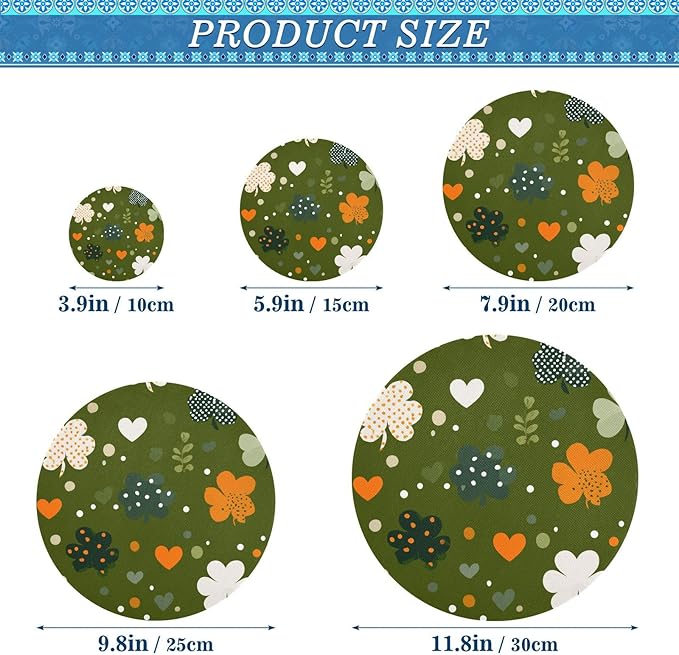 5 Pcs Bowl Covers Reusable in 5 Size Elastic Food Cover Cloth Lids Fresh Keeping Dish Cookware Bakeware Fabric Covers Lids for Food Leftovers Fruits Storage Dark Green Shamrocks Hearts Dots