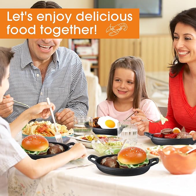 Mifoci 6 Pcs Oval Serving Dish Mini Cast Iron Skillet Cast Iron Baking Pan Sizzling Plate Matte Black Gratin Cookware for Home Restaurant Kitchen Food Service Barbecue (7.1" X 4.7")