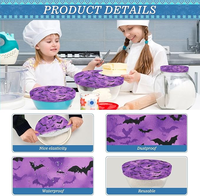 5 Pcs Bowl Covers Reusable in 5 Size Elastic Food Cover Cloth Lids Fresh Keeping Dish Cookware Bakeware Fabric Covers Lids for Food Leftovers Fruits Storage Puprle Bats