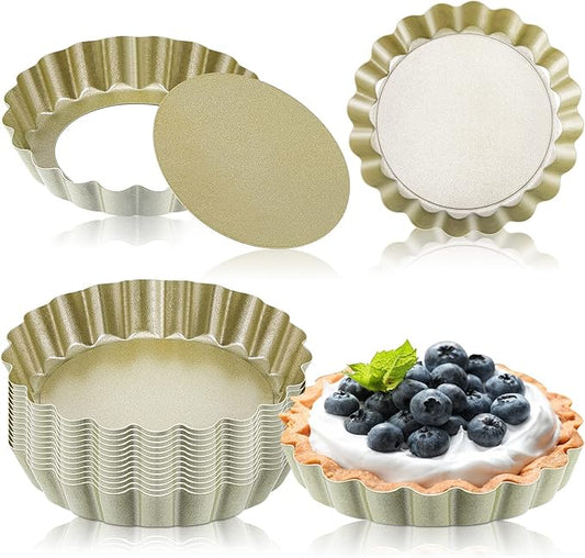 Tessco 16 Pieces Mini Tart Pans with Removable Bottom Nonstick Quiche Mini Pie Tart Pans Bakeware Mold Fluted Side for Pies(Gold Round,4 Inch)
