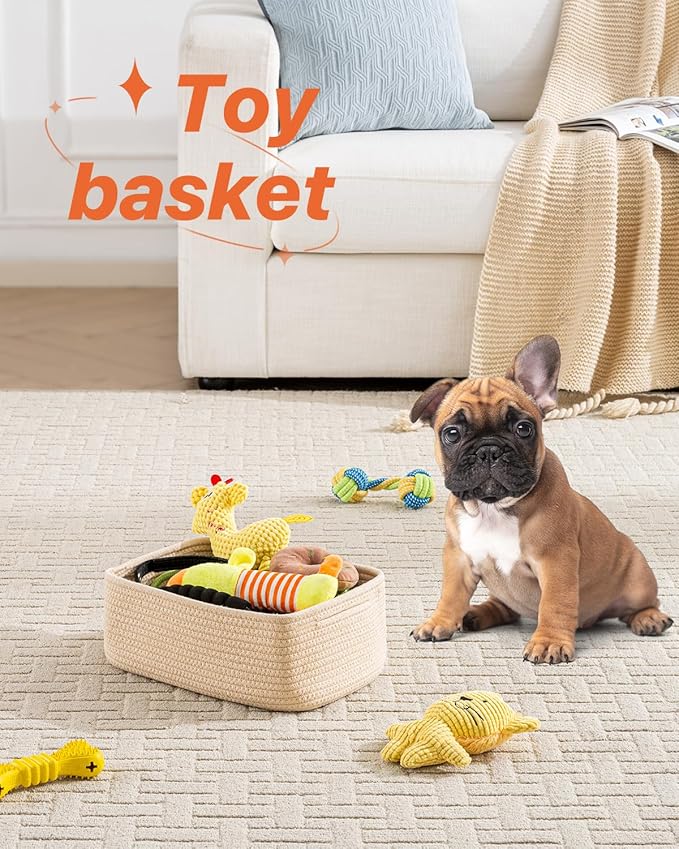 Small Woven Basket, 12 x 8 x 4.5 Inches, Storage Basket for Organizing, Cute Small Rope Shelf Closet Cube Storage Bins Baskets for Shelves, Dog Toy Gift Baskets Empty, 3 Packs, Beige