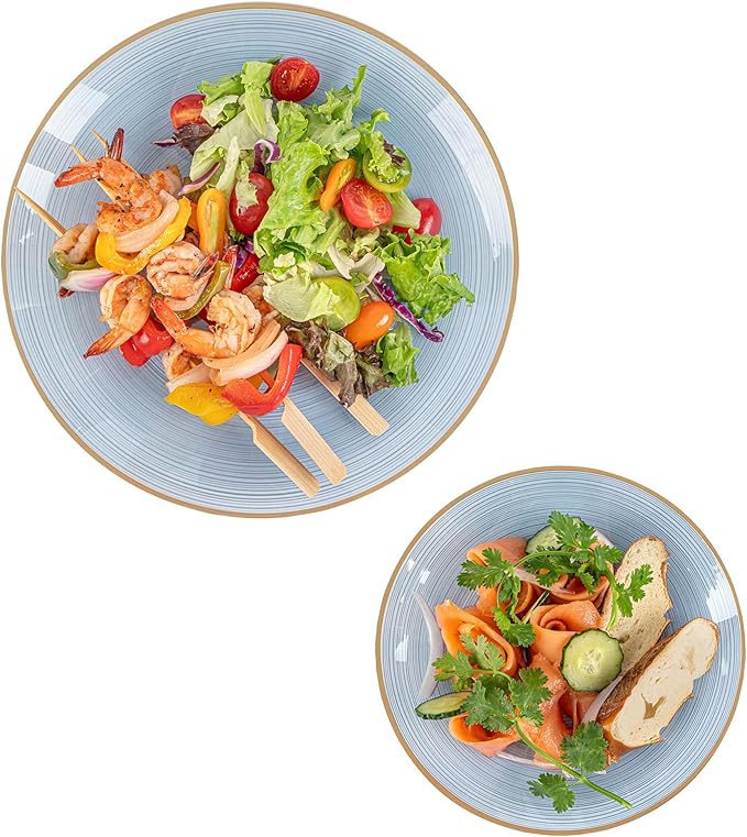 Restaurantware Plastic Plates 40 Pcs 7.13" and 10" Combo Gold Rimmed Plate Set Disposable Heavy-Duty Blue Translucent Rippled Plastic Dinner Servers for Party, Weddings, Salads, Desserts