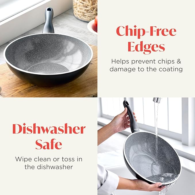 Rigoletto 11” Nonstick Wok Pan, Made in Italy, Layered Ceramic PFAS-Free Surface, Induction Ready Skillet, Dishwasher & Metal Utensil Safe, Granite Finish, Stay-Cool Handle, Black