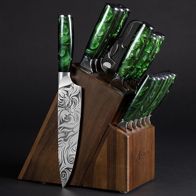 SENKEN Engraved Japanese Kitchen Knife Set with Beautiful Green Resin Wood Handles - Wasabi Collection - Chef's Knife, Bread, Cleaver, Paring, & More (16-Piece Knife Block Set)