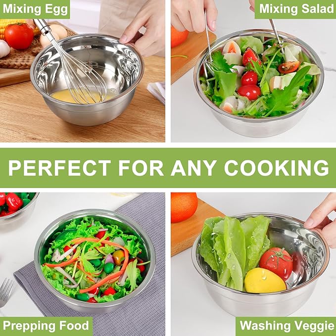 Mixing Bowls with Lids Set - 5 PCS Stainless Steel Mixing Bowls - Mixing Bowl Set with Lids for Kitchen, Size 4.4, 3.6, 2.7, 2.1,1.5QT, Ideal for Baking, Prepping, Cooking and Serving Food
