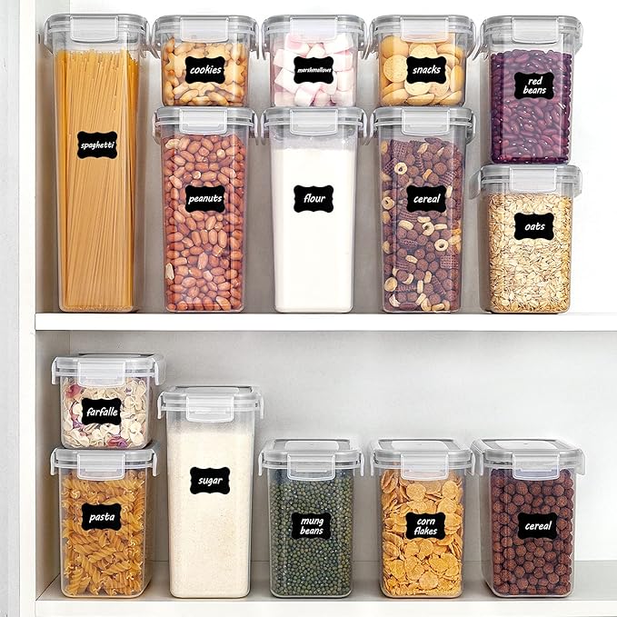 Vtopmart Airtight Food Storage Containers with Lids, 24 pcs Plastic Kitchen and Pantry Organization Canisters for Cereal, Dry Food, Flour and Sugar, BPA Free, Includes 24 Labels，Gray