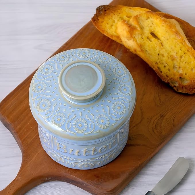 Ceramic Butter Crock with Lid, French Butter Dish with Water Line for Countertop, Butter Keeper for Spreadable Butter, Container Holder for Kitchen and Home Decor, 6.7 OZ, Pale Blue