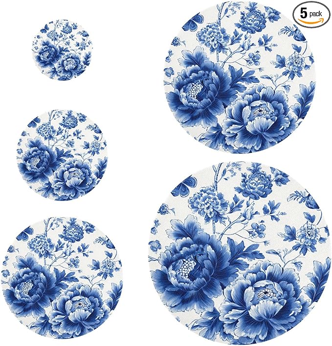 5 Pcs Bowl Covers Reusable in 5 Size Elastic Food Cover Cloth Lids Fresh Keeping Dish Cookware Bakeware Fabric Covers Lids for Food Leftovers Fruits Storage Blue and White Peony Flowers But