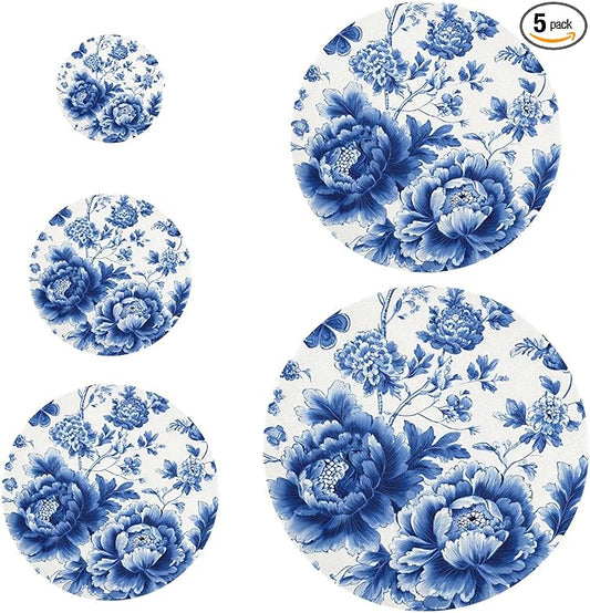 5 Pcs Bowl Covers Reusable in 5 Size Elastic Food Cover Cloth Lids Fresh Keeping Dish Cookware Bakeware Fabric Covers Lids for Food Leftovers Fruits Storage Blue and White Peony Flowers But
