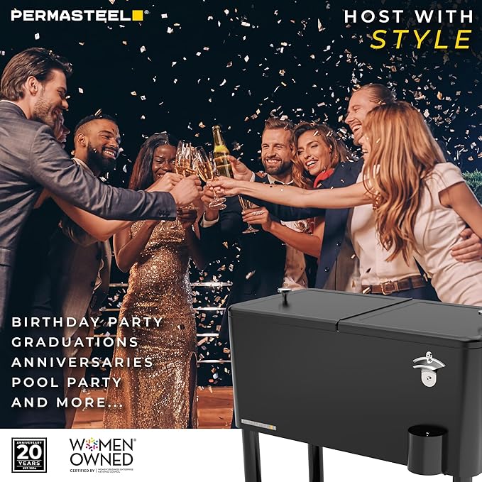 Permasteel 80 Quart Party Cooler, Rolling Ice Chest with Wheels and Handles for Indoor Outdoor Patio