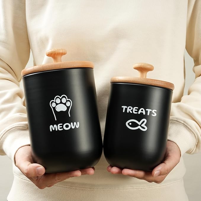 Cat Treat Container with Airtight Lid, Cat Food Oganizer Dry Food, Cat Food Storage Containers, Pet Treats Canister, Cat Treat Jar Set of 2-8.3x4.9 & 7.1x4.3 (Black)