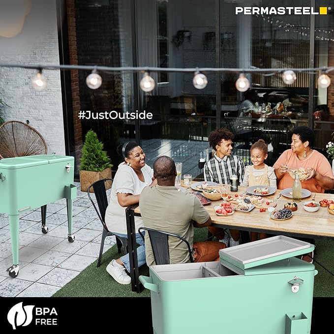 Permasteel 80 Quart Party Cooler, Rolling Ice Chest with Wheels and Handles for Indoor Outdoor Patio