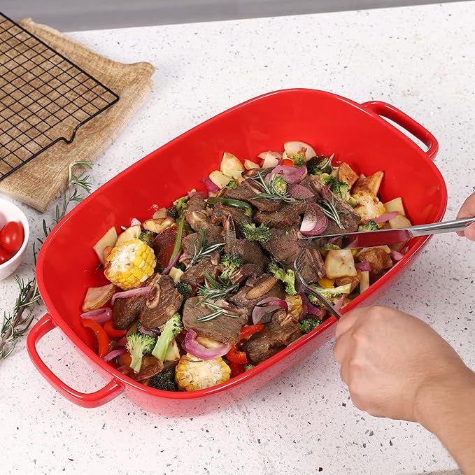 6 Quart Large Rectangular Baking Dish, 16x11 Inches Ceramic Baking Pan Casserole Dish for Cooking,Kitchen and Daily Use, Safe for Oven Microwave Refrigerator Disinfection Cabinet and Dishwasher,Red