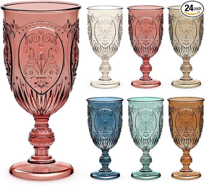 24 Pcs Plastic Goblets 7.5oz Vintage Goblet Plastic Wine Glasses Colored Retro Embossed Water Goblets for Wine Bar Juice Baby Shower Wedding Reception Grand Event Party (Mixed Color)