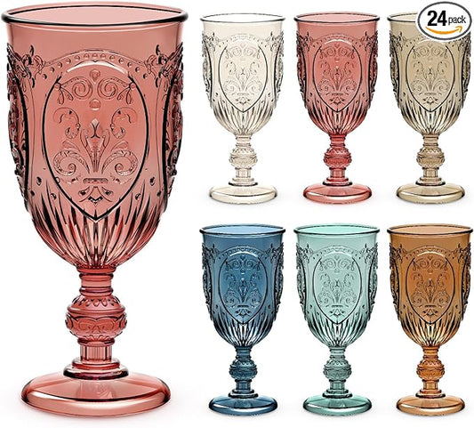 24 Pcs Plastic Goblets 7.5oz Vintage Goblet Plastic Wine Glasses Colored Retro Embossed Water Goblets for Wine Bar Juice Baby Shower Wedding Reception Grand Event Party (Mixed Color)