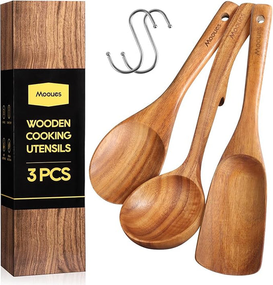 Wooden Spoons for Cooking, Wooden Utensils for Cooking Natural Teak Wooden Kitchen Utensils Set Comfort Grip (3 PCS)