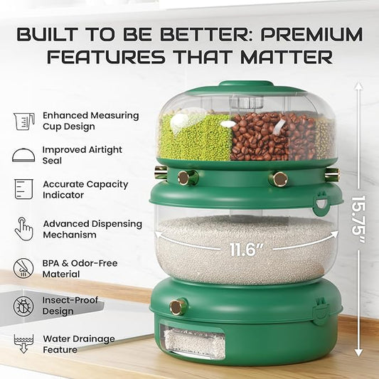 Rice & Multi-Grain Dispenser – Airtight 3-in-1 Rotating Food Storage with Strainer, Holds Up to 22 lbs (12 lb Bulk + 6 Compartments)