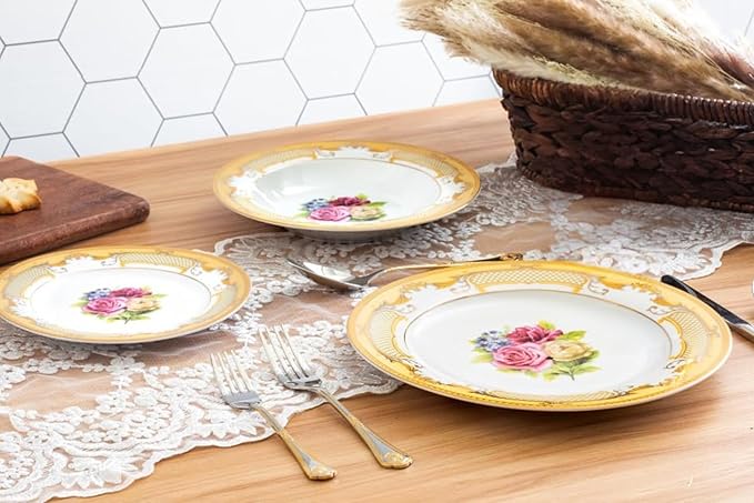 32 Piece Dinnerware Sets for 8 – Vintage Porcelain Plates, Bowls – White and Gold Rose Floral Design Dishware for Kitchen Table, Everyday Dining or Formal Use (Roses Gold)