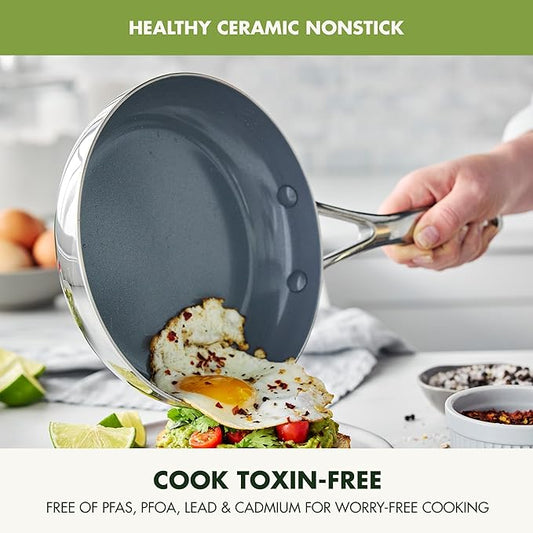 GreenPan Valencia Tri-Ply Stainless Steel 10 Piece Cookware Set, Induction Ready Pots & Pans, Mirror Finish, Dishwasher Safe & Oven/Broiler Safe to 600F, Compatible with All Cooktops, Silver