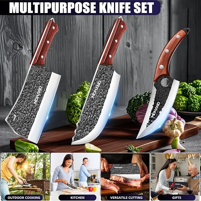 MDHAND Butcher Knife Set, 4PCS Butcher Cleaver Knife Set for Meat Cutting, Hand Forged Viking Knives Sets with Meat Cleaver, Heavy-Duty Kitchen Knives Sets for Bone BBQ Vegetable, Knives Gift for Men
