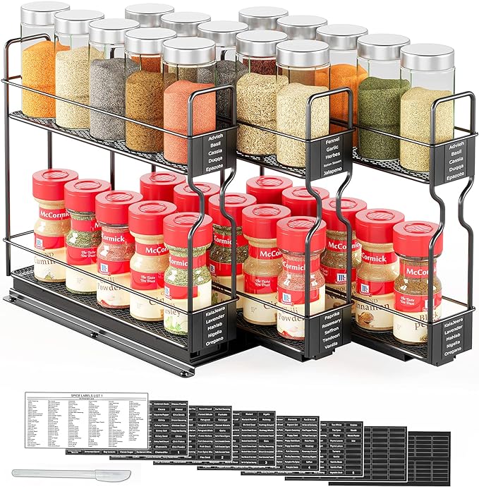 SpaceAid Pull Out Spice Rack Organizer for Cabinet, Heavy Duty Slide Out Seasoning Kitchen Organizer, Cabinet Organizer, with Labels, 7.7" W x10.75 D x10 H, 3 Drawers 2-Tier