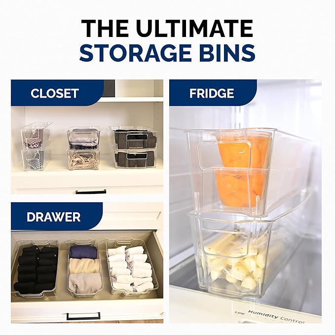 3 Pack Stackable Storage Bins - Plastic Storage Containers for Fridge, Pantry, Freezer, Closet & Kitchen, Clear Fridge Organizer Bins Ideal for Breastmilk, Baby Pouches & Formula Bottles | Small
