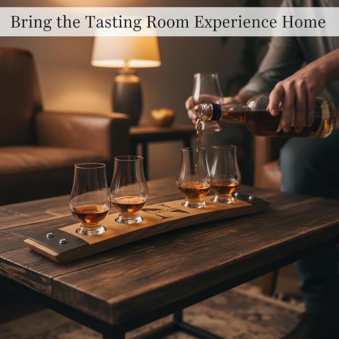 Personalized Premium 4 glass whiskey flight/engraved center/personalized gift/Crystal glass option/Natural oak color (Split Letter monogram)