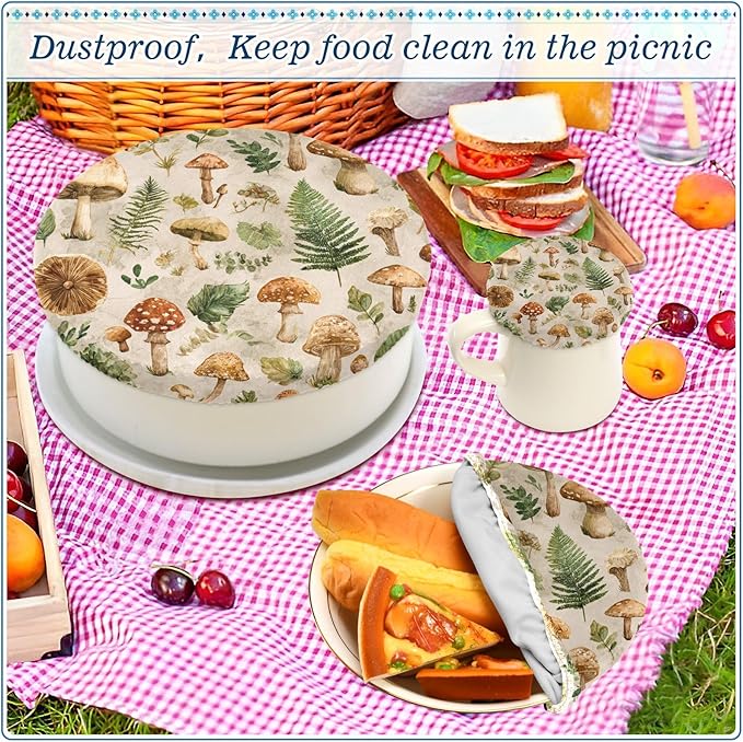 5 Pcs Bowl Covers Reusable in 5 Size Elastic Food Cover Cloth Lids Fresh Keeping Dish Cookware Bakeware Fabric Covers Lids for Food Leftovers Fruits Storage Watercolor Mushrooms Leaves Beige