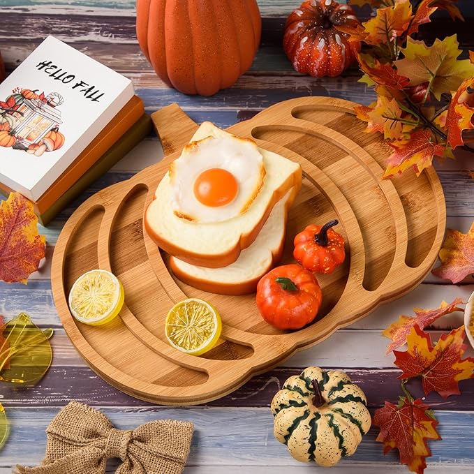AWIZOM Pumpkin Wooden Serving Platter Thanksgiving Bamboo Serving Tray Wooden Snack Cheese Charcuterie Board Sectional Wood Halloween Dish Plate for Fall Autumn Harvest Party Supply,14.96x11.58x0.79