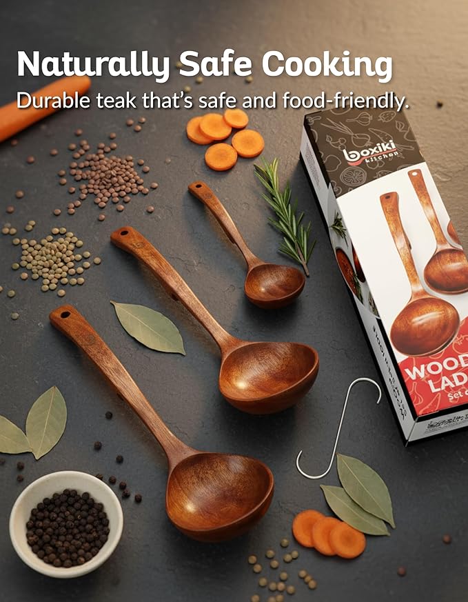 Boxiki Kitchen Luxury Teak Wood Ladle Set of 3 – Chef-Grade, Eco-Friendly Wooden Cooking Utensils with Reinforced Neck Joint & Anti-Slip Notch Handle – Multi-Size, Gift-Ready Ladle Spoons Set