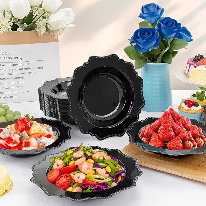 COLOSUS Black Plastic Party Bowls (60 Pack) 12 Oz Disposable Soup/Salad Bowl, Fancy Shatterproof Dinnerware for Catering, Holidays, Weddings, and Everyday Use