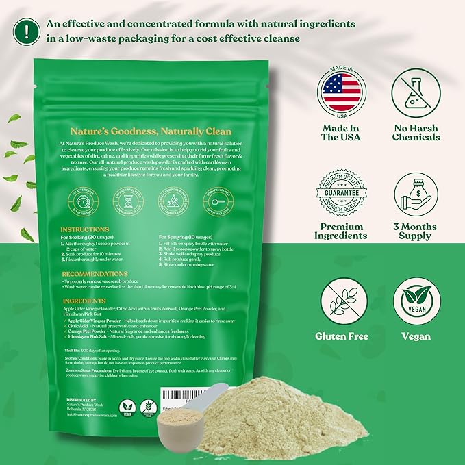 Natures Produce Wash, Fruit and Vegetable Wash, Removes Unwanted Residue, Extends Produce Life, Fruit Cleaner. 3 Months Supply or Makes 10+ Spray 16 oz Bottles