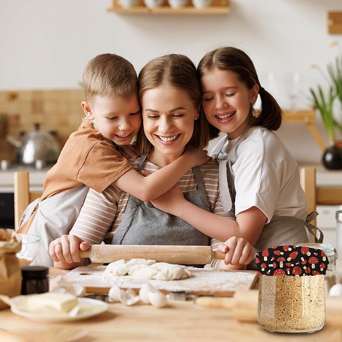 Sourdough Starter Jar Covers,5-Pack Reusable Red Mushrooms Cloth Lids for 3-4 Inch Jars,Ideal for Kombucha Kefir or Cheese Fermentation