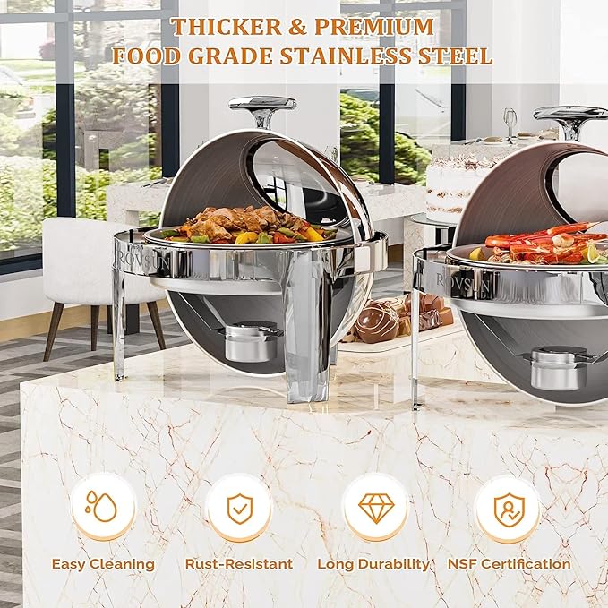 ROVSUN 6 Quart 2 Packs Round Roll Top Chafing Dish Buffet Set, Stainless Steel Chafer for Catering, Food Warmer with Glass Window for Party Wedding Banquet Graduation Event,Silver