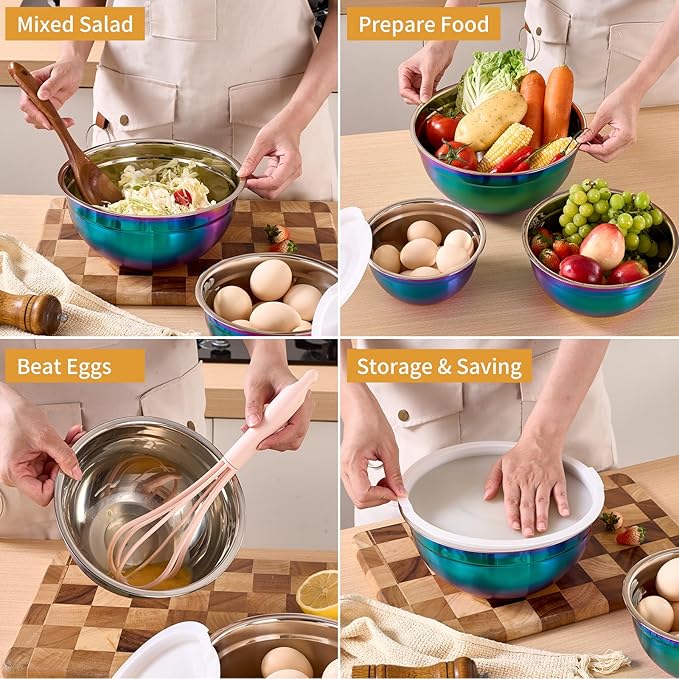 Rainbow Mixing Bowls With Airtight Lids,Stainless Steel Bowl,Salad Bowls 5 Piece Colorful Nesting Bowl Rainbow Kitchen Accessories,Size 5.5,3.6,2.7,2.1,1.5,QT Stackable Design