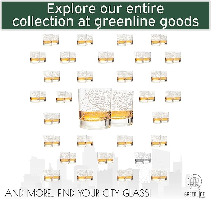 Greenline Goods Whiskey Glasses - 10 Oz Tumbler Gift Set for Austin lovers, Etched with Austin Map | Old Fashioned Rocks Glass - Set of 2
