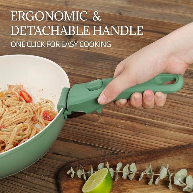 Ceramic Cookware Set 23Pcs Non Stick Pots and Pans Non Toxic with Detachable Handle Induction Kitchen Cookware Set Space Saving, Oven & Dishwasher Safe, Forest Green