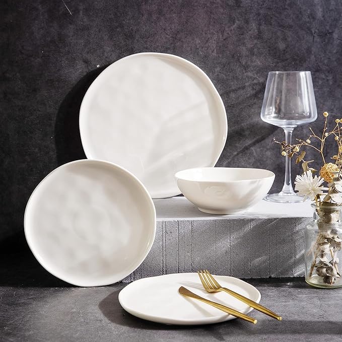 LERATIO Ceramic Dinnerware Sets for 4,Porcelain Plates and Bowls Sets with Wavy Edge,Microwave & Dishwasher & Oven Safe,Light Weight & Scratch Resistant Dishes Sets-Service for 4 (12pcs)-White