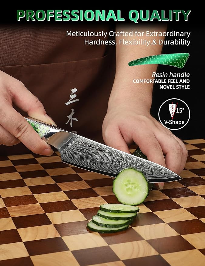 5 inch Utility Knife, Japanese VG-10 Damascus Steel Kitchen Knife, Ultra Sharp Fruit Knife with Full-tang Handle in Green Resin, LA-S9 Series