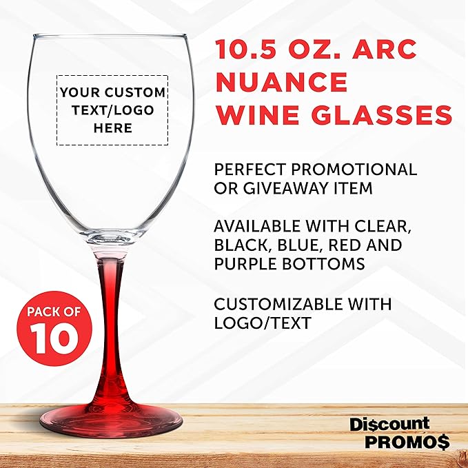 Custom Nuance Wine Glasses by ARC 10.5 oz. Set of 10, Personalized Bulk Pack - Restaurant Glassware, Perfect for Red Wine, White Wine, Cocktails - Red