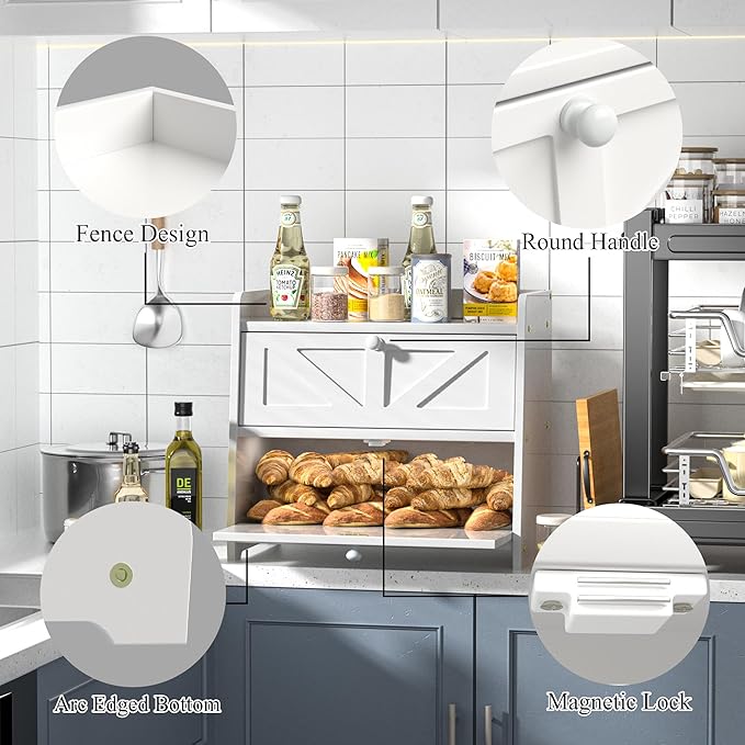 Bread Box for Kitchen Countertop, Double Layer Wooden Breadbox, Large Capacity Bread Storage Bin, Homemade Bread Storage Container, Farmhouse Breadbox Organizer, White