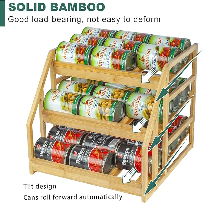 MinBoo Bamboo Can Rack Organizer, Kitchen Pantry Storage, 36 Can Capacity, Tilt Design