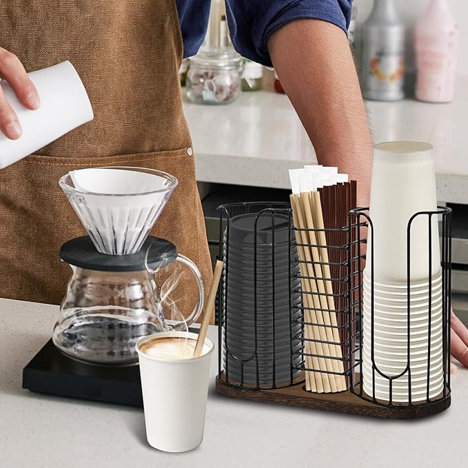 3-Compartment 18oz Coffee Cup Dispenser Rack with Wood Base, Disposable Cup, and Lid Organizer for Countertop - Perfect for Paper Cups, Straws, and Kitchen Cabinet Storage