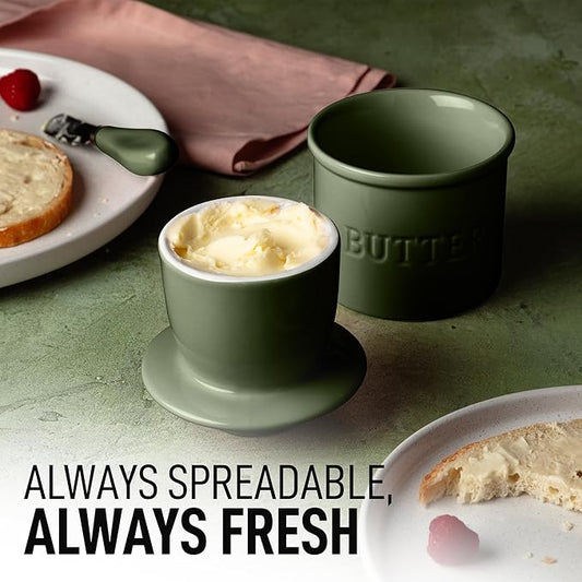 Zulay Kitchen Porcelain Butter Crock With Lid & Knife - Authentic French Butter Dish For Fresh & Spreadable Butter - Jade Green