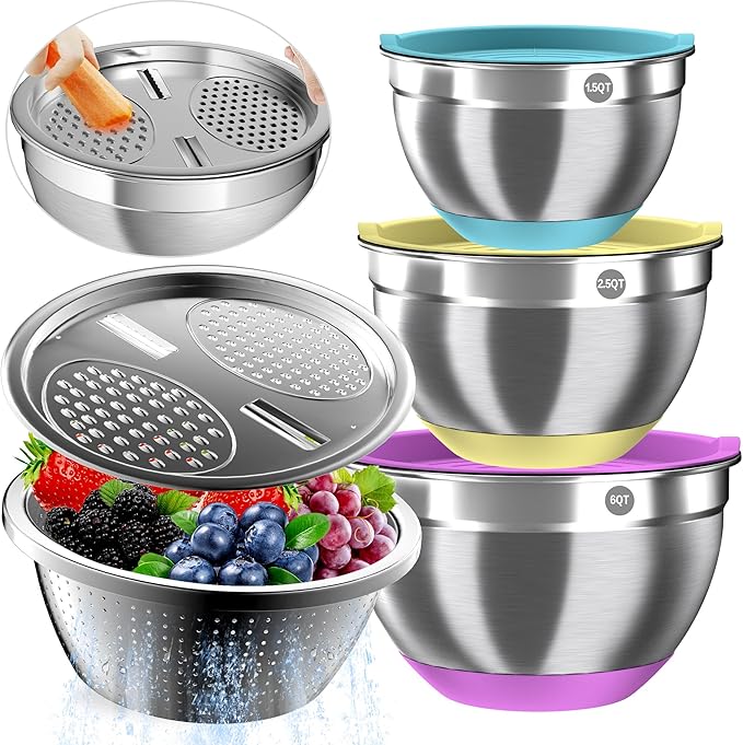 Mixing Bowls with Airtight Lids, Stainless Steel Mixing Bowl Set with 3 Metal Nesting Bowls, Colander & Grater, Non-Slip Bottoms, Size 1.5, 2.5, 6 QT, Great for Mixing & Serving, Mutilcolor