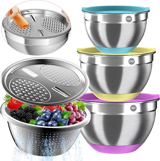 Mixing Bowls with Airtight Lids, Stainless Steel Mixing Bowl Set with 3 Metal Nesting Bowls, Colander & Grater, Non-Slip Bottoms, Size 1.5, 2.5, 6 QT, Great for Mixing & Serving, Mutilcolor